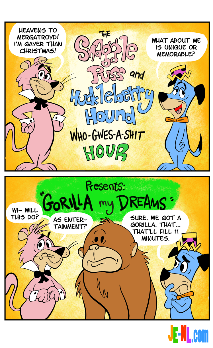 The gorilla ends up in a dress and a registered blind man takes it on a date and Huck and the other one have to disguise the fact that it's a gorilla or some shit